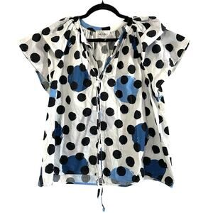 MEIMEIJ Blusa Top Blouse Polka Dot Cotton Flutter Sleeve Blue Black White Italy